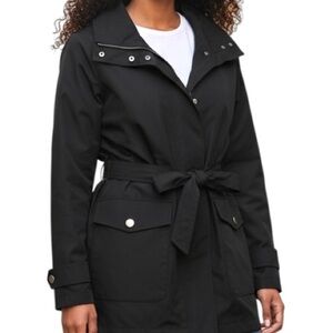 Talbots Belted Trench Coat Mid length Black Lined Full hidden Zip Size L Cinch